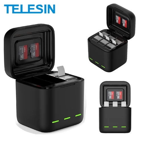 TELESIN-cargador de batería portátil con 3 ranuras, carga rápida para GoPro Hero 13, batería GoPro Hero 13, accesorios para Cámara de Acción negra