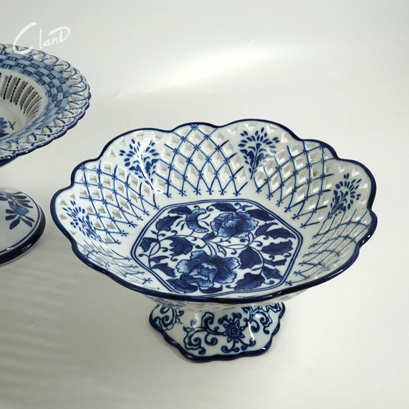 Ceramic Pedestal Bowl HandCarved Pierced Serving Plates Dessert & Fruit Display Dish for Afternoon Tea Artistic Serving Platter