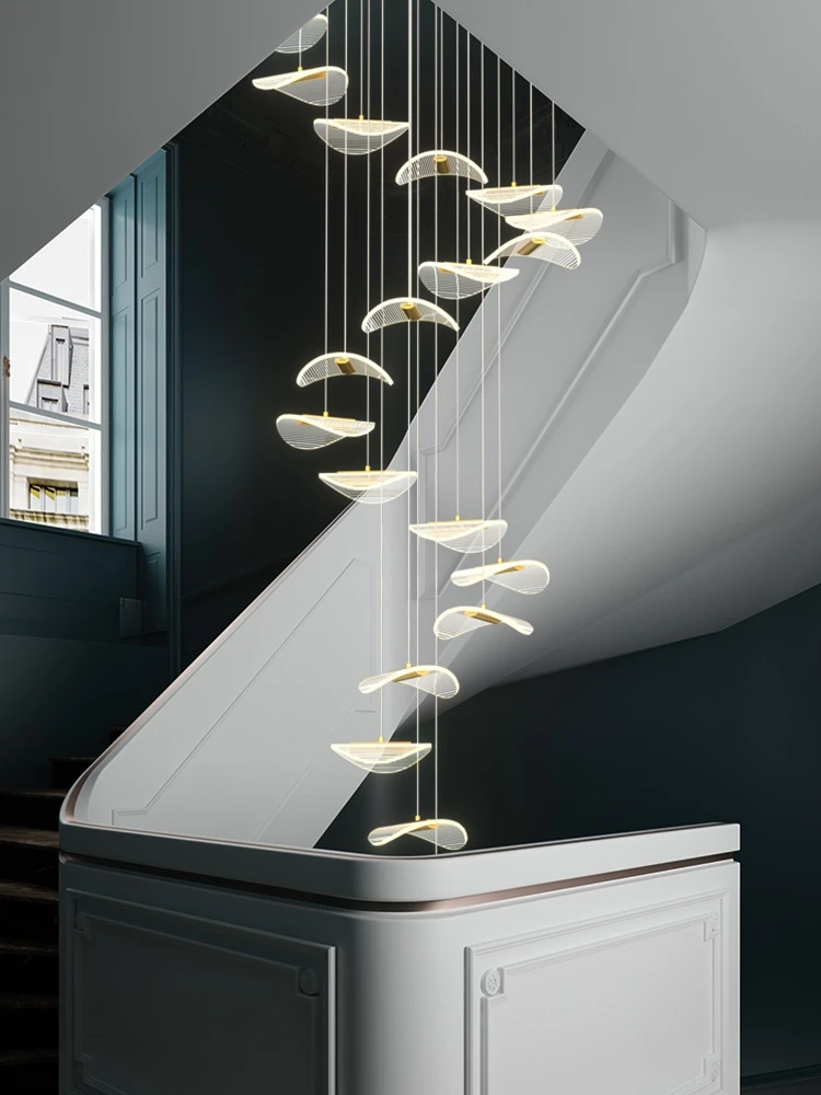 Nordic Style LED Acrylic Staircase Pendent Lamp Villa Lobby Pendant Light Restaurant Pendant Kitchen Chandelier Indoor Lighting