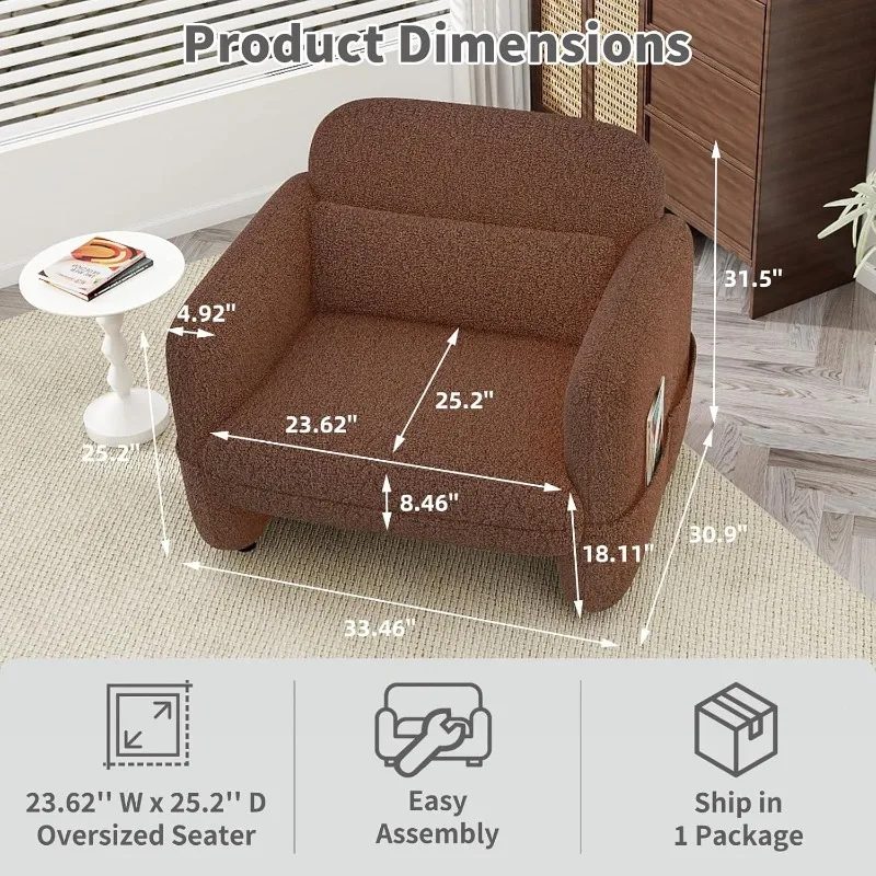 

Oversized Sherpa Lamb Fabric Armchair Big Comfy Upholstered Armed Chair Single Sofa Chair with Waist Pillow for Bedroom