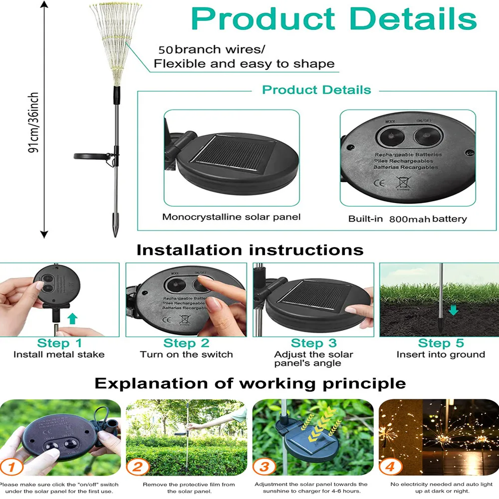 200LED impermeabile solare fuochi d\'artificio luce cortile esterno prato a terra LED con 8 modalità di illuminazione adatte per la decorazione delle