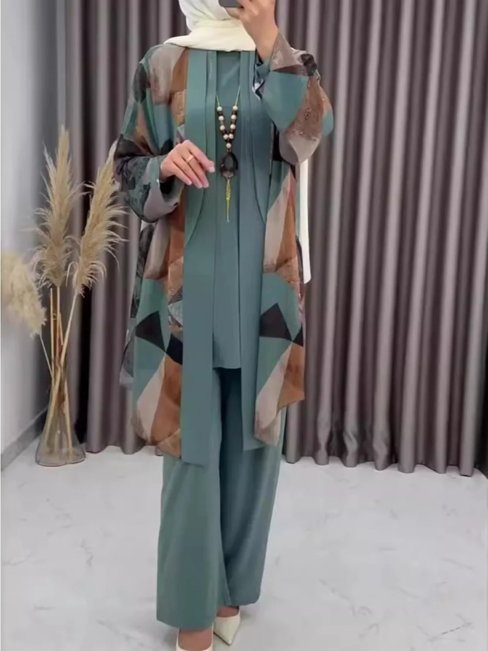 Eid ผู้หญิง Abaya 3 ชิ้นชุดกางเกงมุสลิมชุด Caftan Robe Jalabiya Ramadan โมร็อกโกดูไบ 2025 Musulman Ensembles