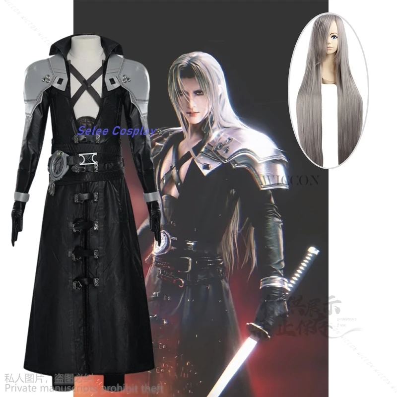 FF7 Sephiroth Cosplay Costume Black Fantasy Leather Coat And Long Grey Wig Cosplay Uniform Suit Full Set Roleplay Halloween Suit