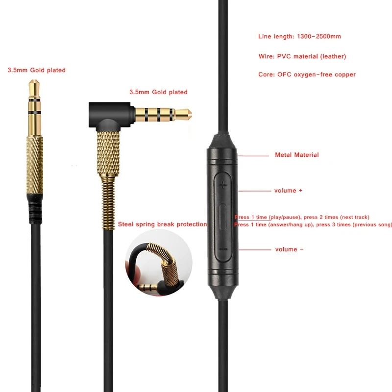 Adapter 3,5 mm Upgrade-Audiokabel mit Inline-Mikrofon-Fernbedienung für mdr-10r MDR-1A XB950 Z1000 MSR7 Headset – Detail 6