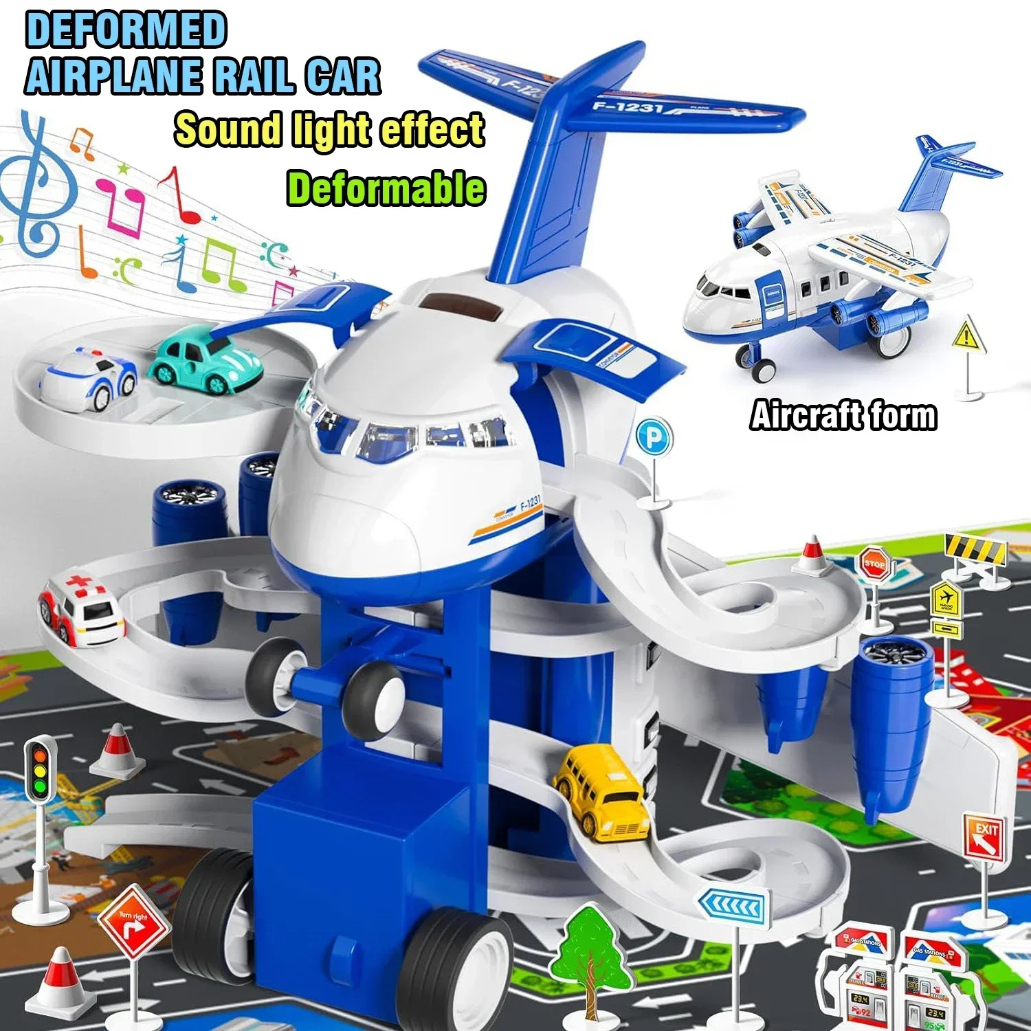 ชุดรางรถไฟรถยนต์ 2in1 สำหรับเด็ก พร้อมเครื่องบินแปลงร่างจำลอง รถรางวิ่งตามแรงเฉื่อยพร้อมเสียงและไฟ ของขวัญคริสต์มาสสำหรับเด็ก