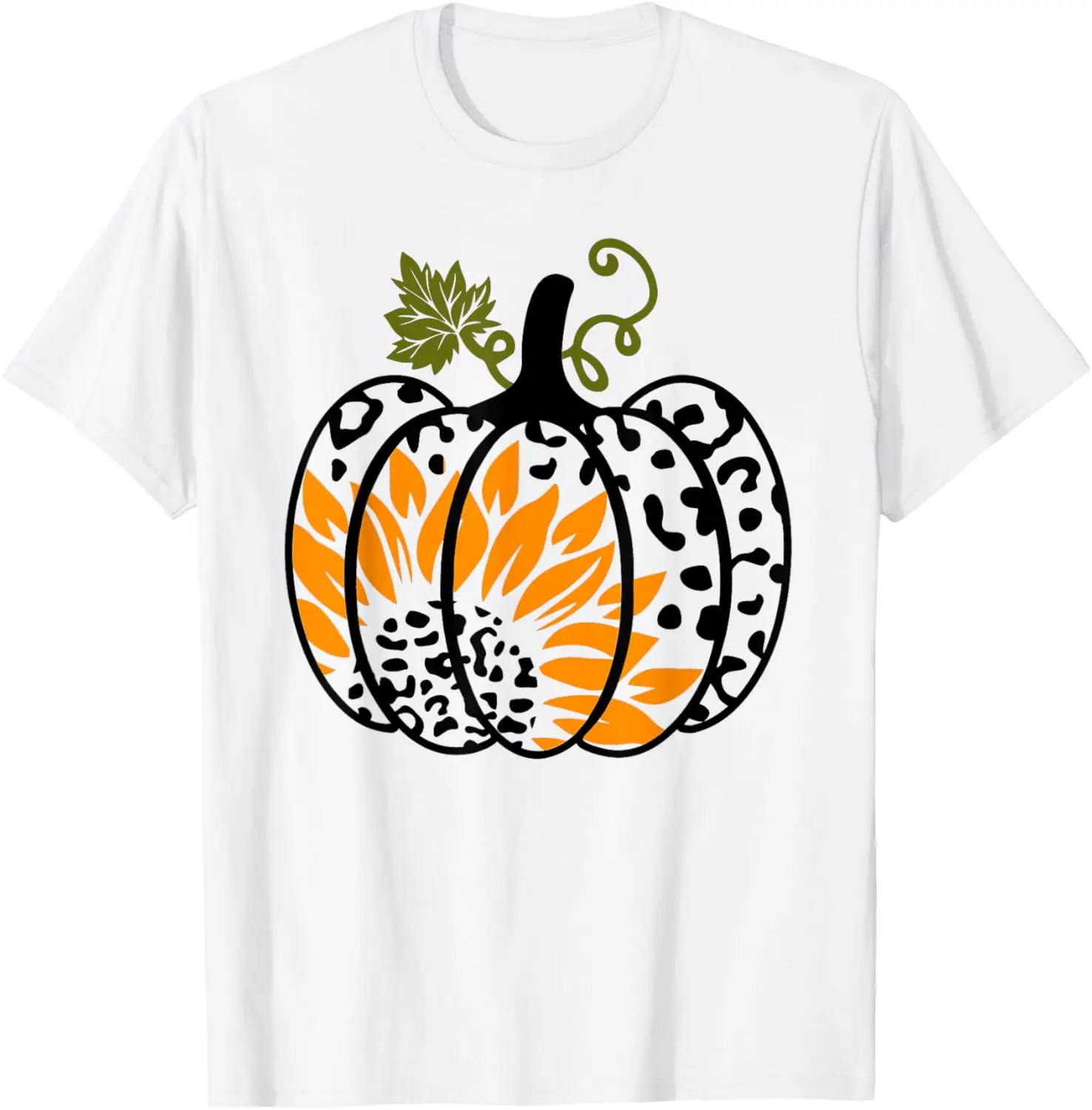 Leopard Pumpkin Sunflower Fall Autumn Halloween Thanksgiving T-Shirt 100% Cotton Trendy Y2K Short-Sleeve Tee – Soft,