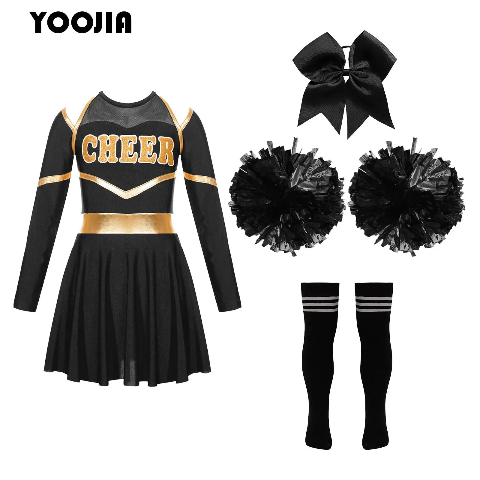 Girls Halloween Cheerleader Costume Cheerleader Uniform Set Cheerleading Dance Outfit with Accessories for School Theme Party