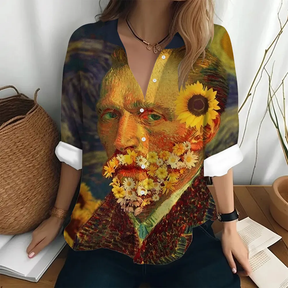 Women\'s Long Sleeved Shirt Van Gogh\'s Oil Painting Print Sunflower Pattern Clothing Loose Lapel Top Women\'s Party Fashion Shirt