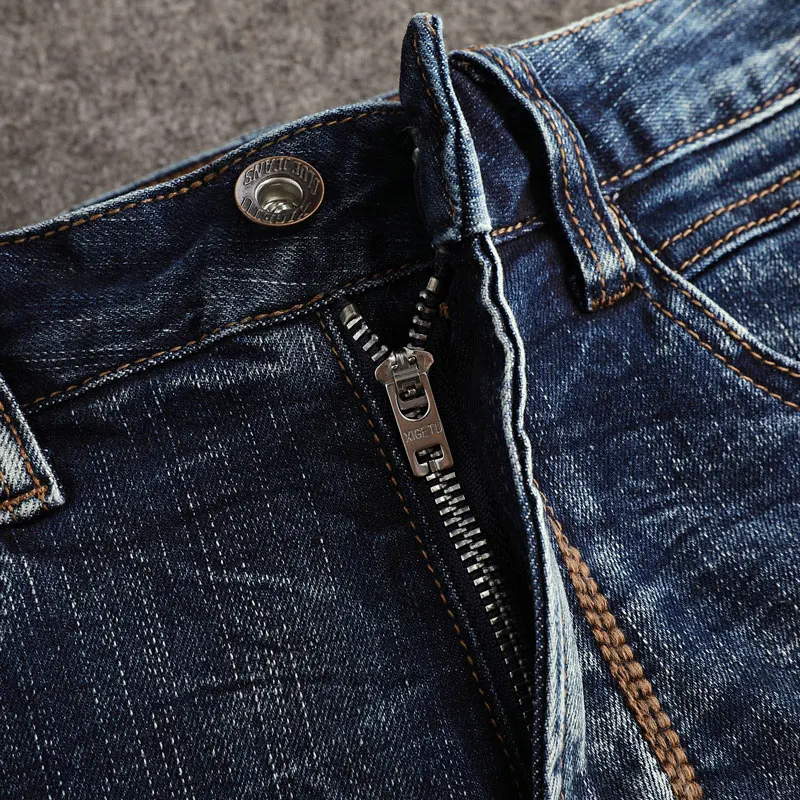 Fashion Designer Men Jeans High Quality Retro Washed Blue Stretch Slim Fit Ripped Jeans Men Y2K Embroidery Vintage Denim Pants