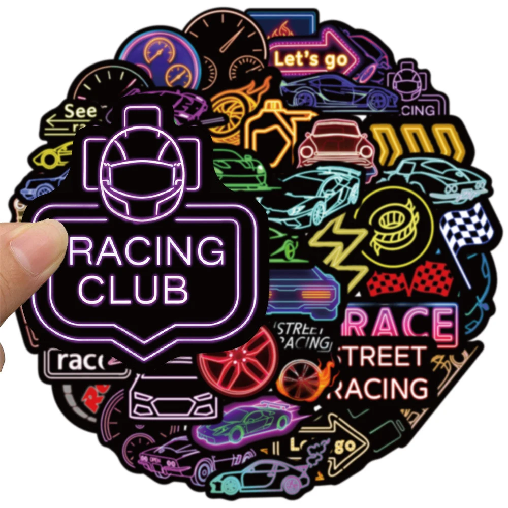 10/30/50pcs Neon Racing Car Cartoon Stickers CoolGraffiti Helmet Phone Skateboard Classic Waterproof Decals Toys Gifts