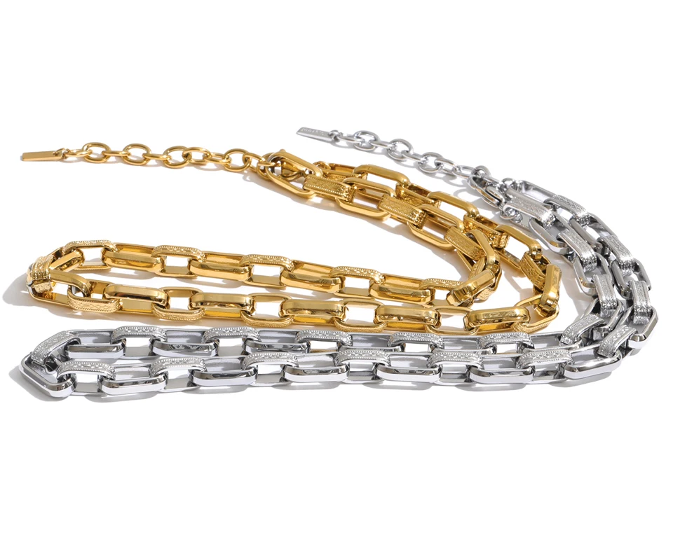 Yhpup Statement-Halskette aus Edelstahl, Schwerer Industriestil, 18K PVD-Beschichtung, Strukturierte Metallkette, Trendiger Schmuck – Detail 2