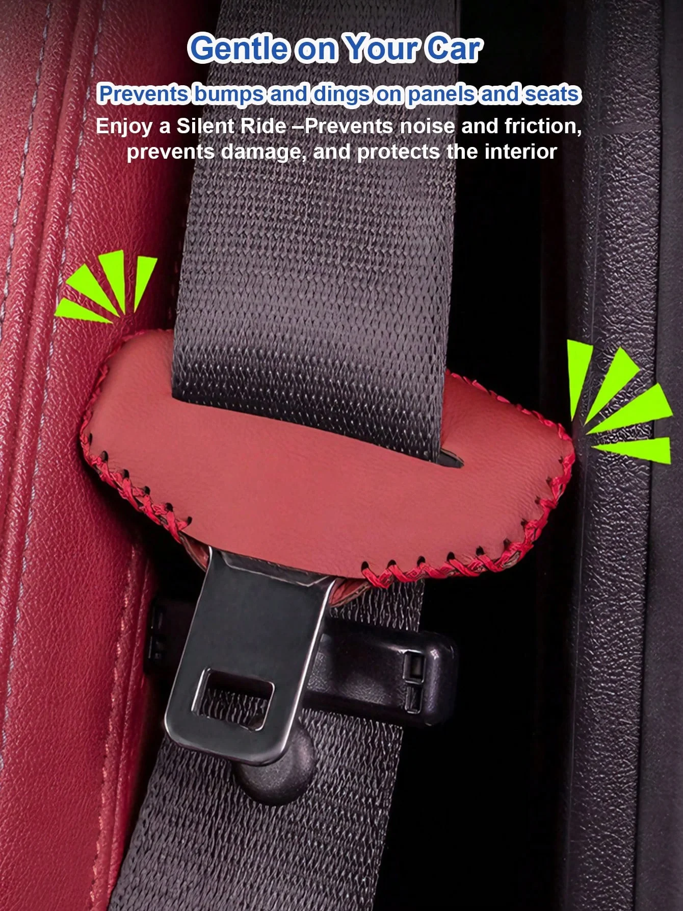 2個のPUレザーシートベルトバックルプロテクター - 傷つきにくい、快適な車のシートベルトインサートプロテクター、ステッチエッジ付き