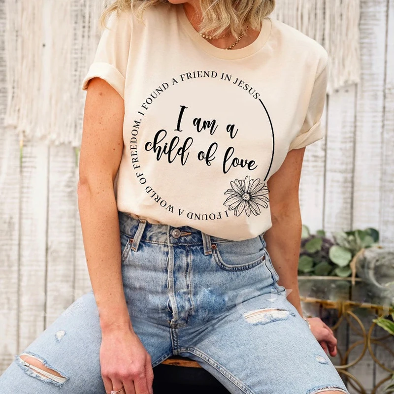 

I Am A Child Or Love Slogan Tees Chrysanthemum Graphic Top Retro Versatile Female Tee Custom T-Shirt