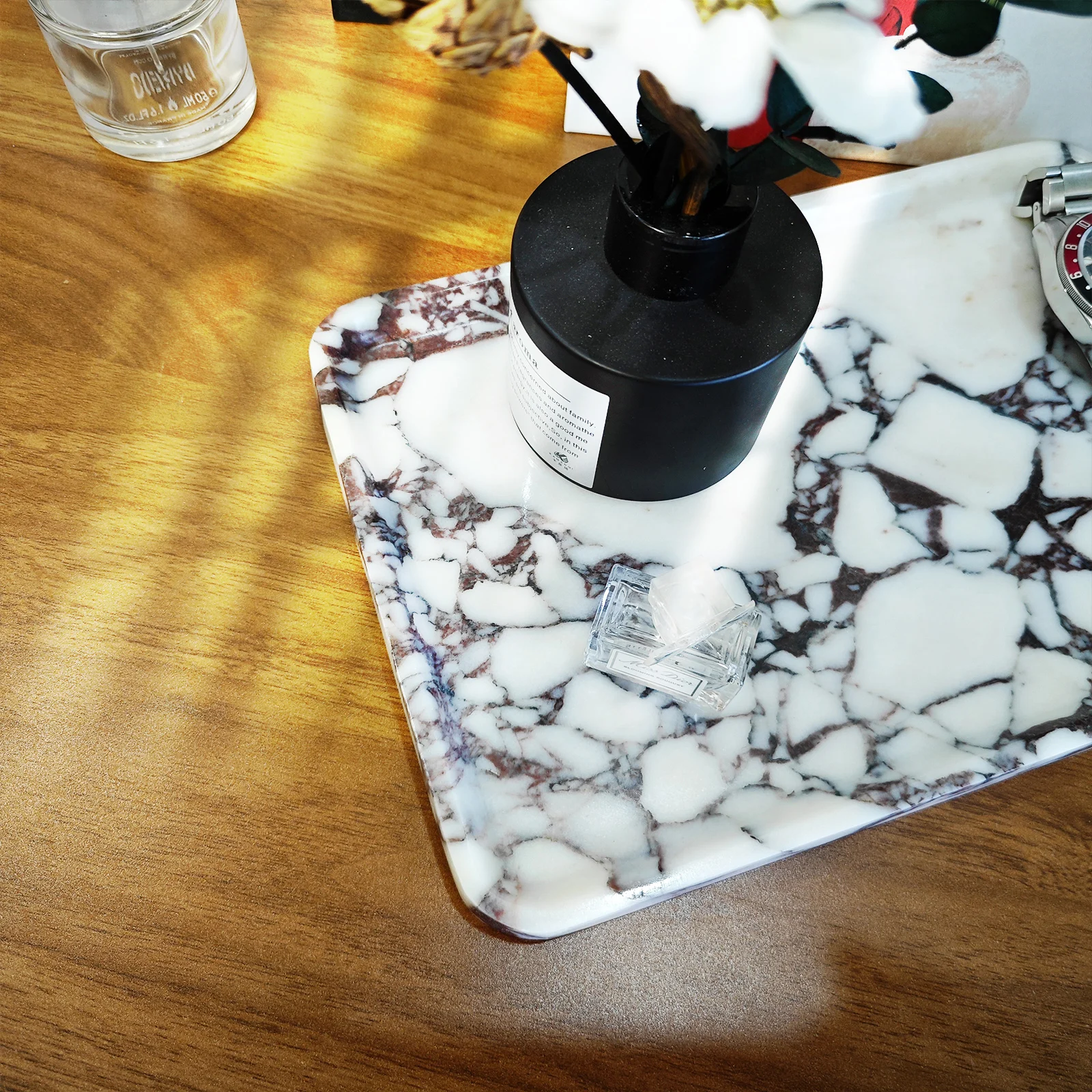 صينية رخامية، صواني حجرية طبيعية 100% للزينة، الحمام، المطبخ، العطور، مستحضرات التجميل، القهوة، طبق المجوهرات المستطيل