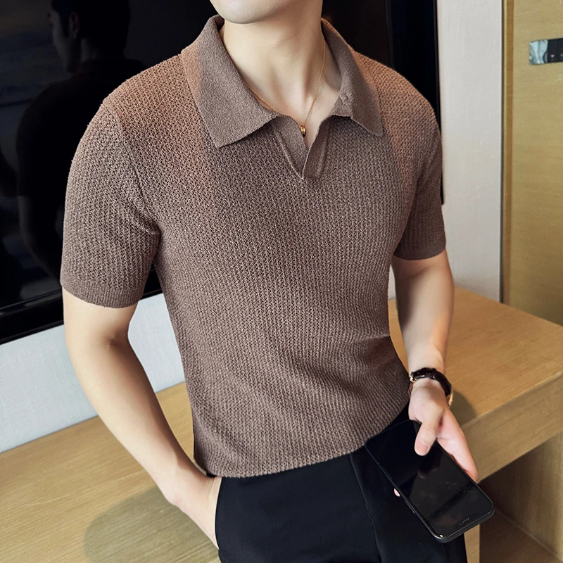 Summer Hollow Knitted Short Sleeved Polo shirt Mens Elasticity Mesh Casual T Shirt Male V Neck Slim Fit Breathable Polo Shirt