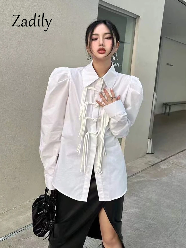 Zadily 2024 Spring Long Puff Sleeve White Shirt Women Office Lady Tassel Button Up Tunic Blouse Work Female Clothing Tops