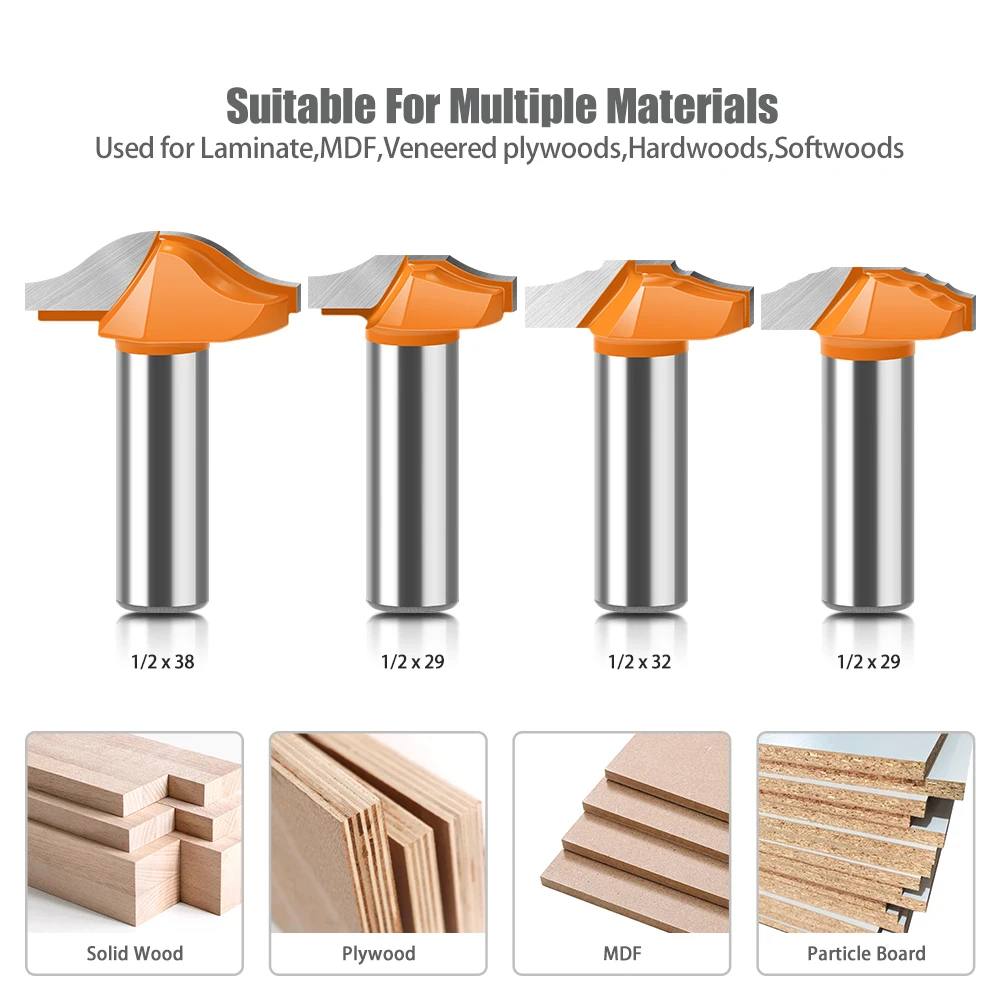 1/2” 12mm Shank Thin Woodworking Door Frame Router Bits for Wood Carbide Classical Door Cabinet Bits Carving Milling Inserts