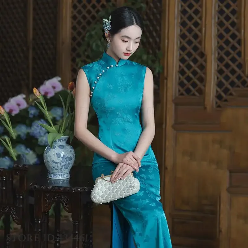 

Vintgae Classic Jacquard Rayon Qipao Traditional Chinese Dress Women Long Cheongsam Sexy Slim Split Vestidos Evening Party Dress