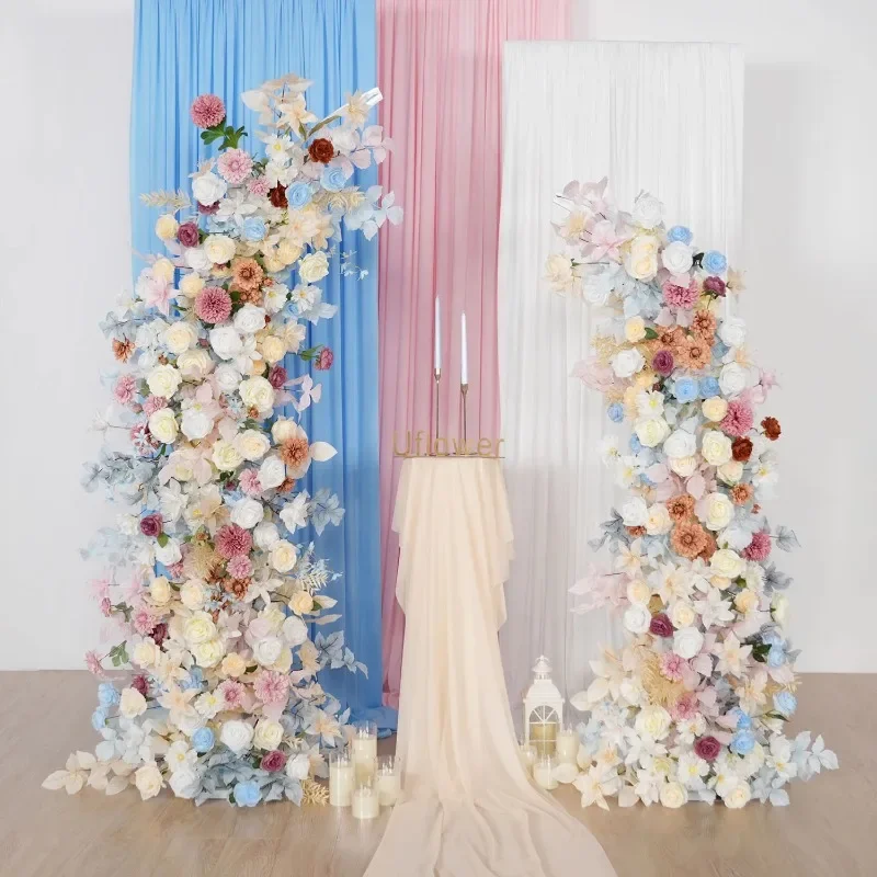 

Uflower Champagne White Blue Rose Wedding Backdrop Horn Arch Decor Artificial Flower Arrangement Event Props Mix Colorful Flower