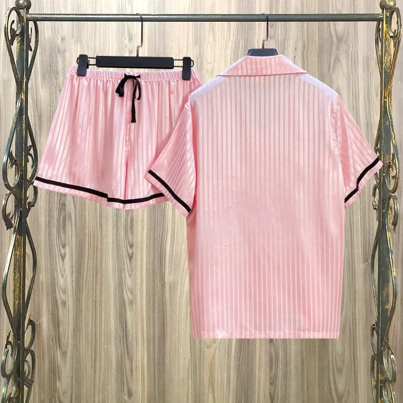 Novo conjunto feminino de 2 peças, roupa de dormir de cetim, casa, ponto ondulado, manga curta, camisa e shorts, pijama, verão, roupa de dormir