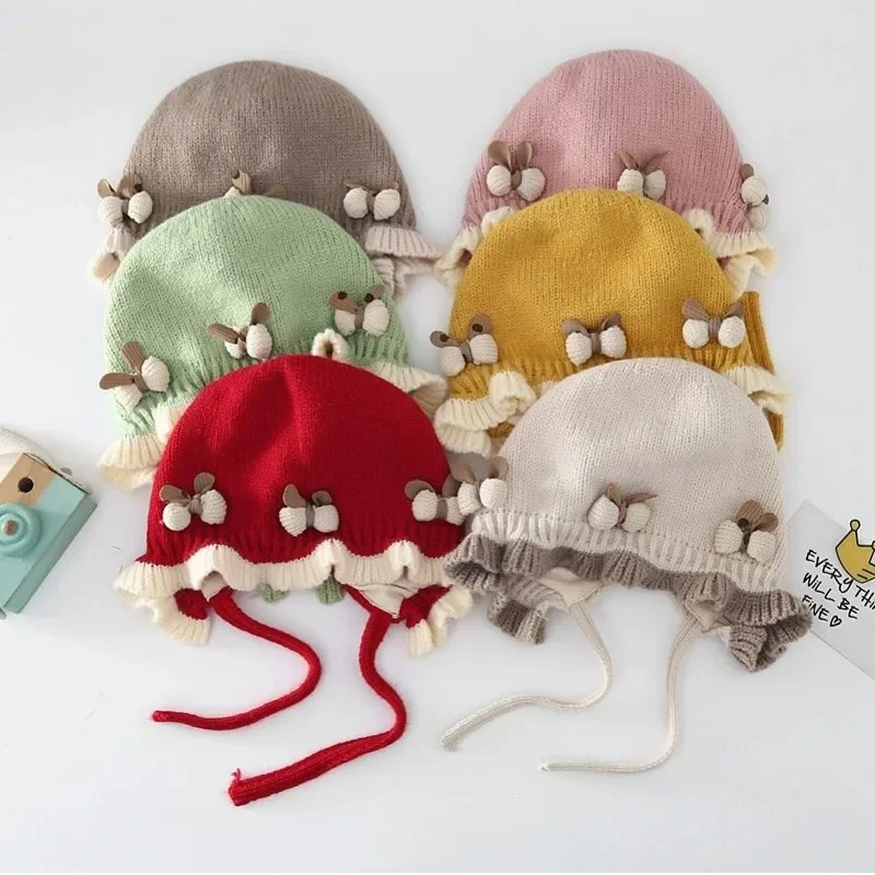 Cute baby bow knitted hat children's autumn winter warm girl boy kids comfortable cotton blends hat Princess pullover hat