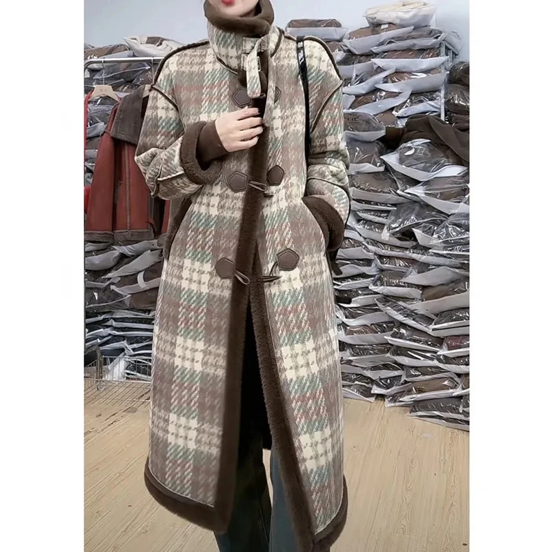 Vintage Plaid Fur One Jacket Women Overcoat Autumn Winter New Vertical Collar Thick Warm Parker Coat Fluffy Mid-Length Fur Coat