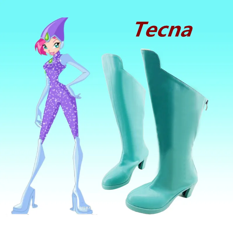 

Winxclub Tecna Cosplay Costume Shoes Light Green Handmade Faux Leather Boots For Christmas Halloween Party