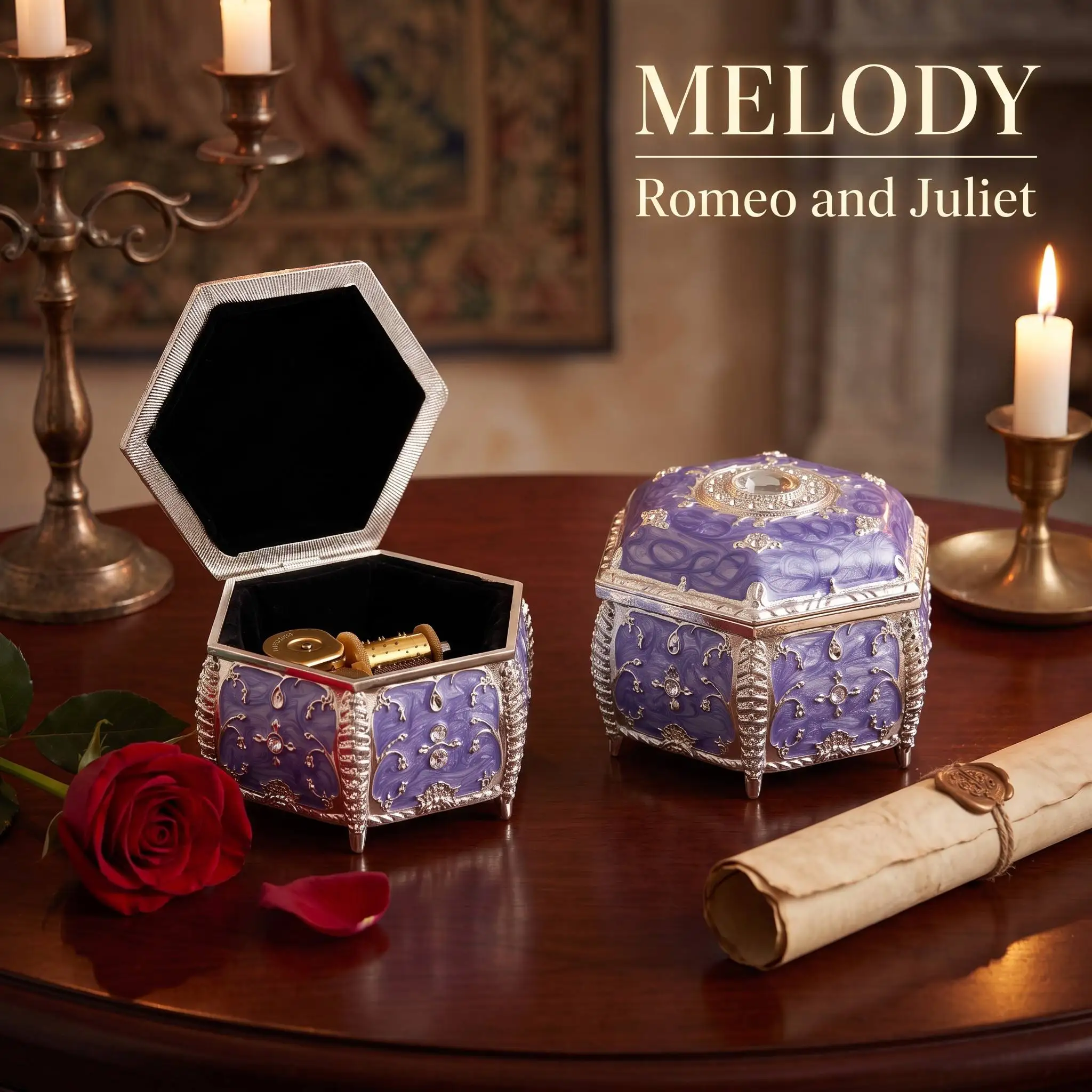 Rosiking  Romeo and Juliet  Purple Emboss Alloy Metal music box,Gifts for wife,mother, birthday, Christmas, New Year.