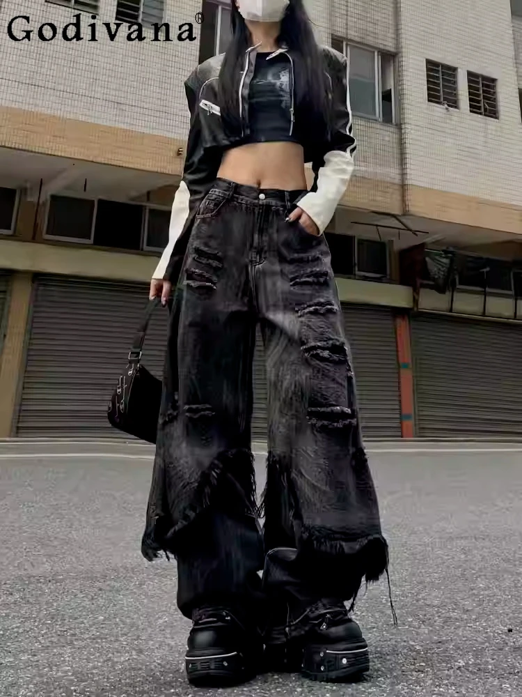 

New American Fake Two-piece Street Dancer Personality Wide Leg Do Old Jeans Fashion Loose Versatile High Street Black Trousers