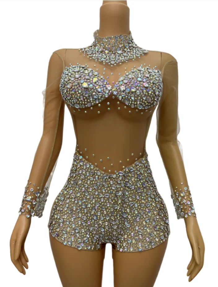 Sexy Blue Stones Transparent Dance Wear Rompers Birthday Party Outfit Rhinestones Bodysuits Singer Team Dance Costume wangsha