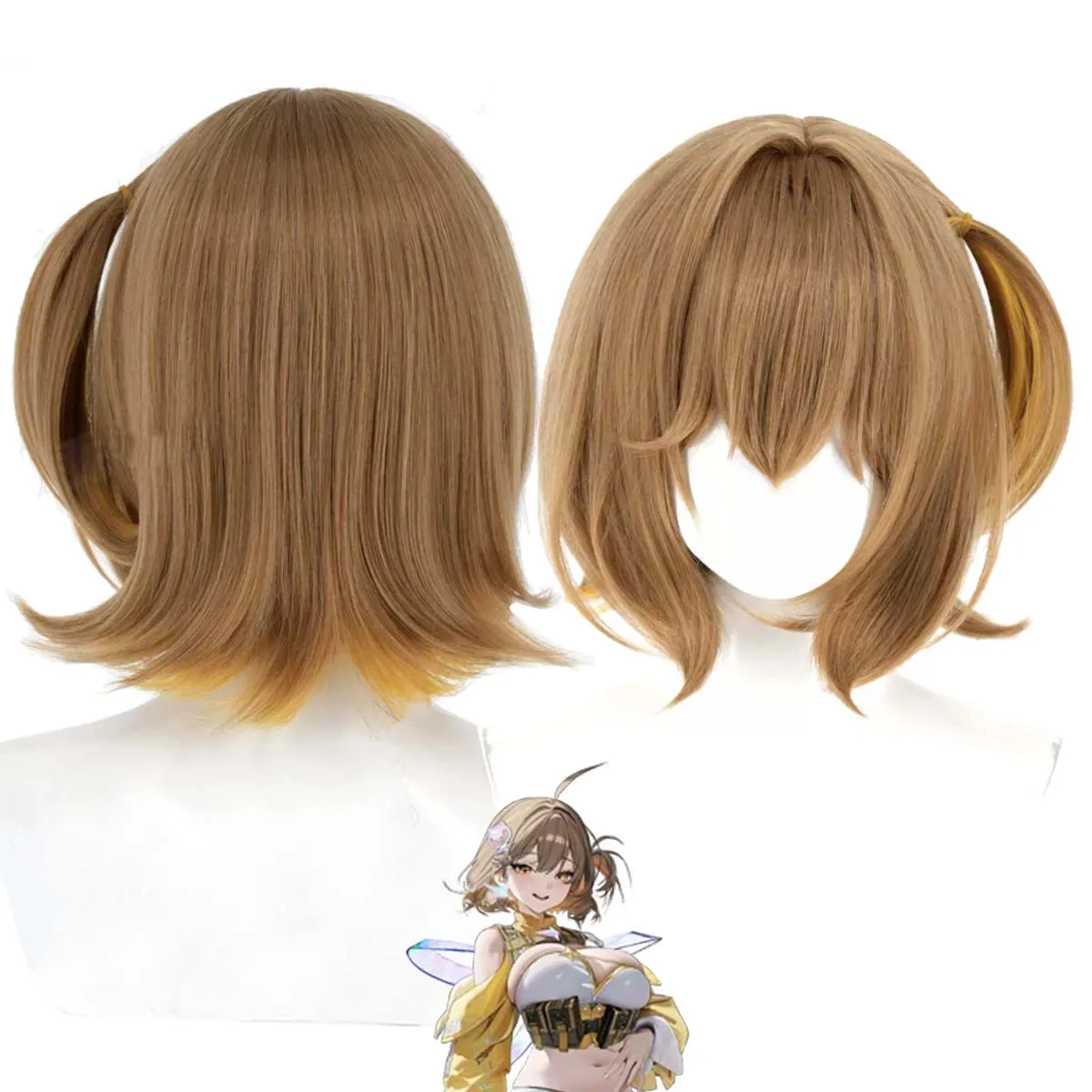 Women Anime Anis Cosplay Wig Brown‑Yellow Gradient Side Ponytail Heat Resistant Synthetic Hair Adjustable Net Cap For Party