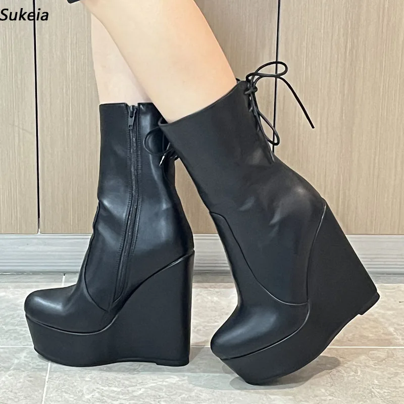 Sukeia New Fashion Women Winter Ankle Boots Back Zipper Round Toe Wedges Heels Black Casual Shoes Ladies US Plus Size 5-20