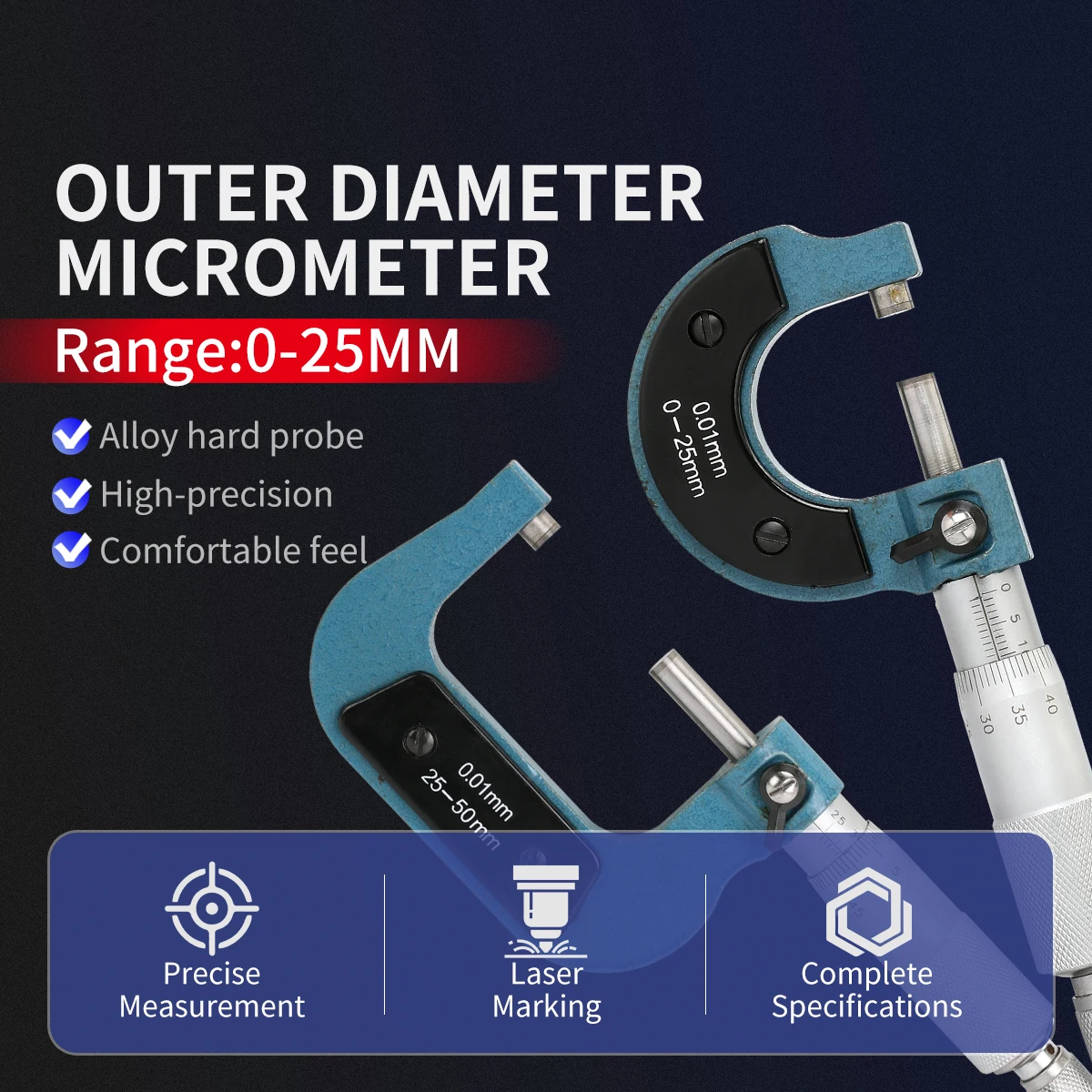Outside Micrometer Screw Gauge 0-25mm 25-50mm 50-75mm External Diameter Measuring Tool Precision Thread Micrometer Caliper