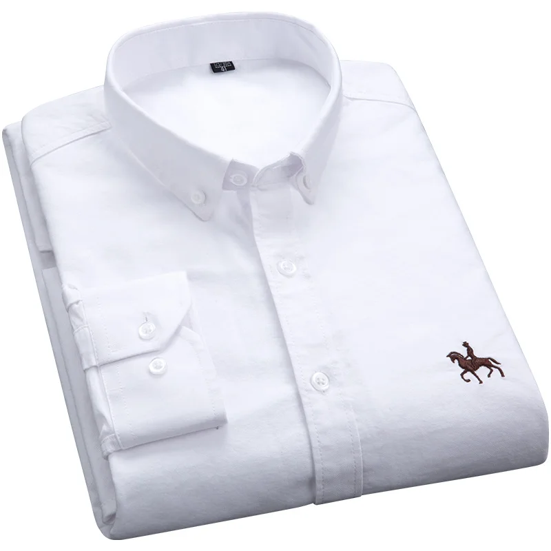 Quality 100% Cotton Oxford Shirts Men Long Sleeve Embroidered Horse Casual Without Pocket Solid Yellow Social Korean Shirt S-6XL