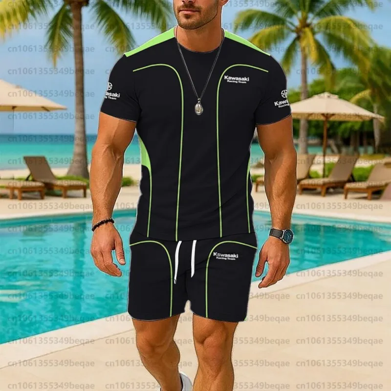

2025 New Hot selling Summer Short sleeved Shorts Set Kawasaki Rider Motorcycle Icon Fashion Cool Pull Men's Set Street Style
