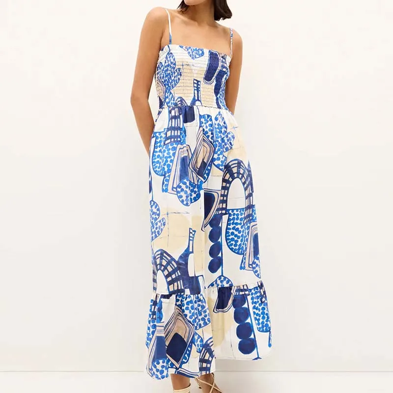Vestido plisado con tirantes de verano, vestido informal de cintura alta sin mangas para playa, vestidos largos con estampado de patrón azul y hombros descubiertos, vestido Bohe