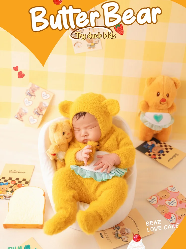 Knitted Costume for Baby Newborn Bear Photography Outfit Baby Bodysuit+Hat+Apron Suit Cute Yellow Bear Dolls Studio Photo Props