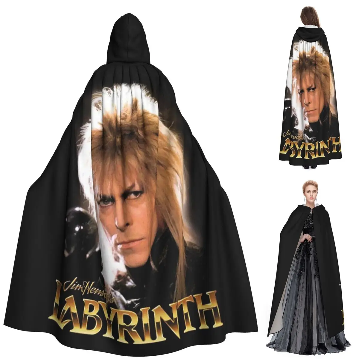 Jareth ملك العفاريت الوقاية في متاهة طويلة مقنعين عباءة الساحرة القرون الوسطى زي تأثيري كيب هالوين مصاص دماء