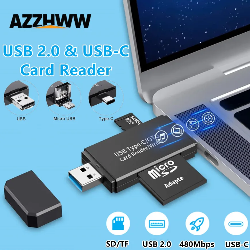 

Memory Card Reader 5 in 1 SD Card Reader USB2.0 & USB C Micro SD Card Reader Adapter for SD/Micro SD/SDHC/MMC Memory Card-Reader