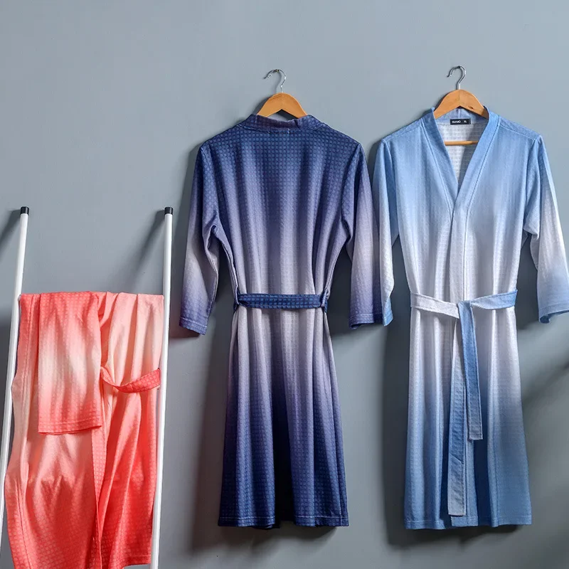 New Chinese Style Gradient Waffle Couple Bathrobe Spring Summer Autumn Soft Water Absorbing And Breathable Sleeping Robe