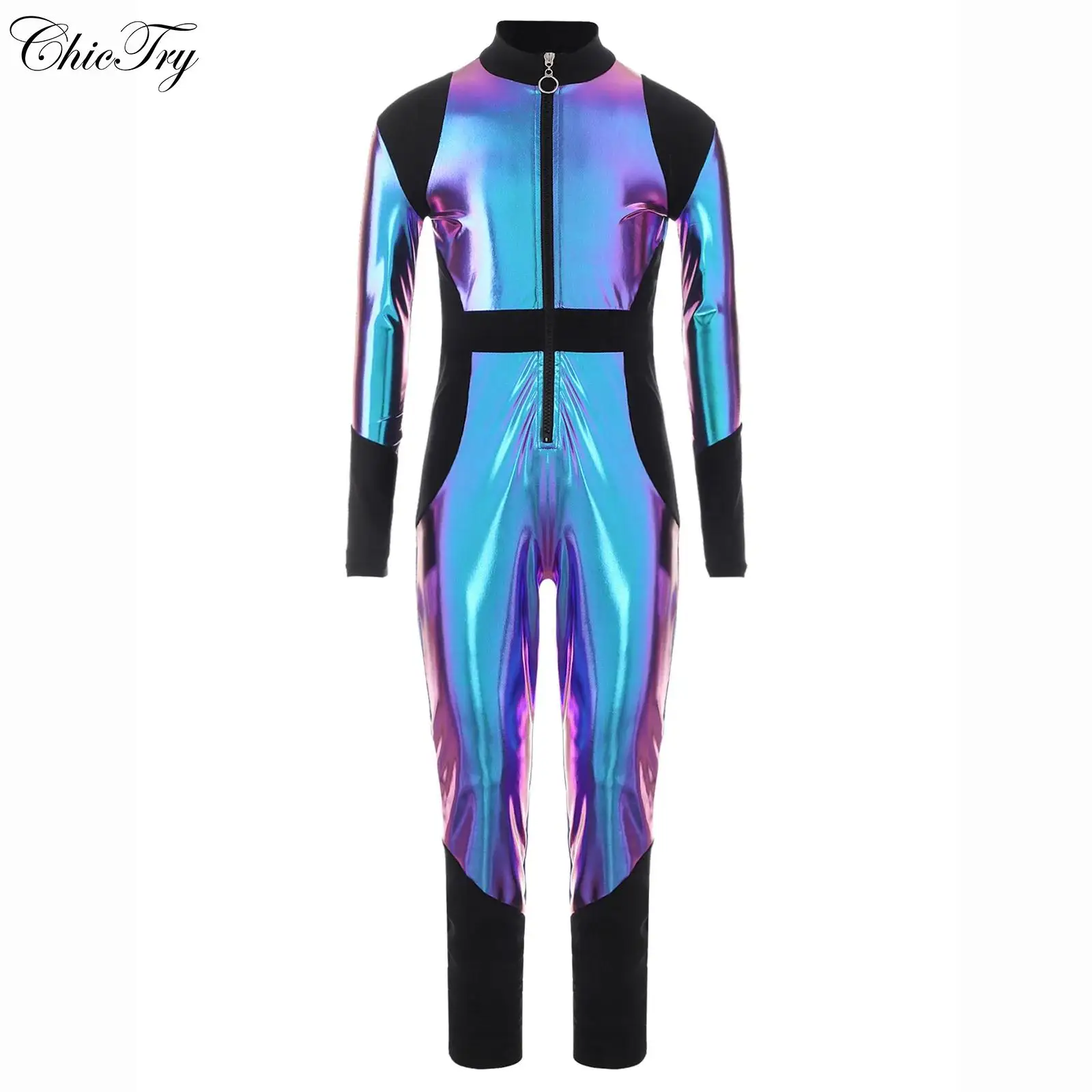 

Детский костюм инопланетянина для девочек, блестящий металлический комбинезон с длинными рукавами и высокой талией на Хэллоуин, косплей, вечерние спортивные боди