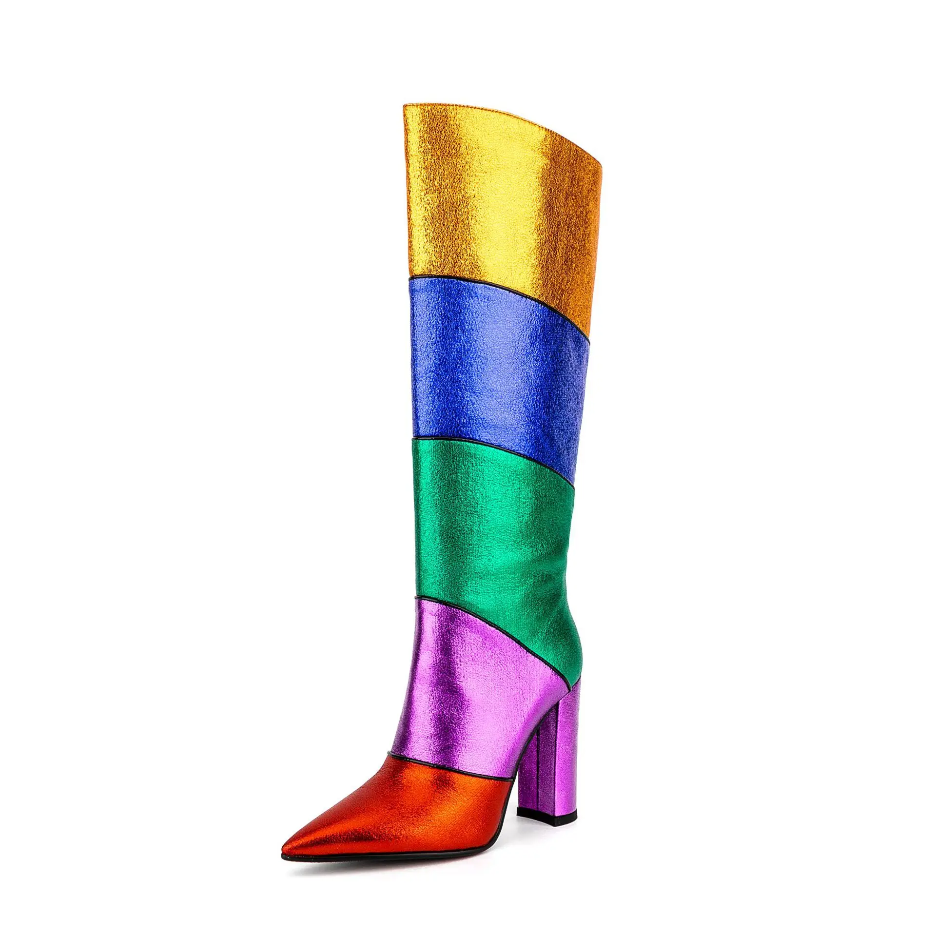 Rainbow Colorful Pointed Toe Knee High Boots Block Heels Slip-Ob Mixed Color Sewing Spring Women Bright Shiny Leather Shoes