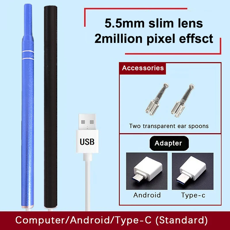 5.5MM HD Visual Ear Endoscope 3 in 1 USB Otoscope Ear Wax Cleaning Inspection Camera Tools for Android Phone PC