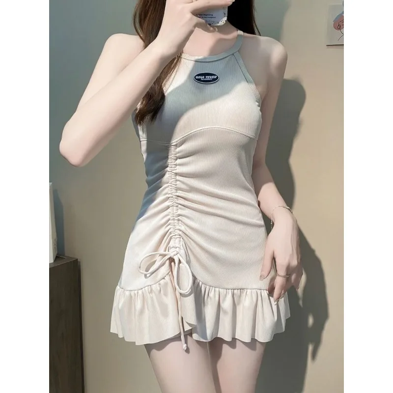 Traje de baño coreano de una pieza con cordón y volantes para mujer, minivestido Sexy sin mangas con cuello Halter para vacaciones en la playa Y2K, traje de baño de Hada dulce y delgado