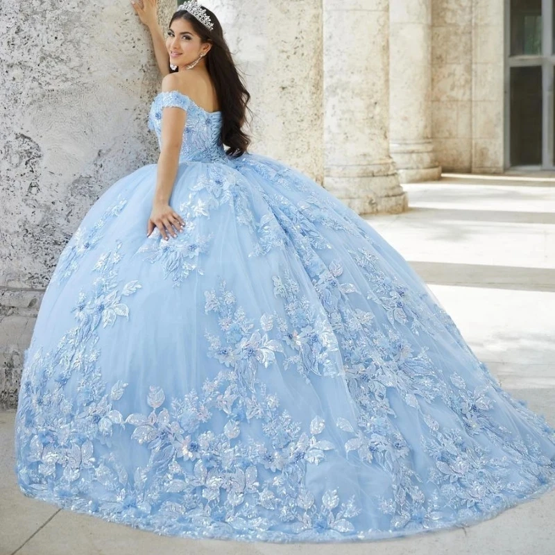 Sky Blue Ball Gown Quinceanera Dresses Sweetheart Appliques Lace Tull Elegant Off the Shoulder Train Sweet 16 Vestido De 15 Anos