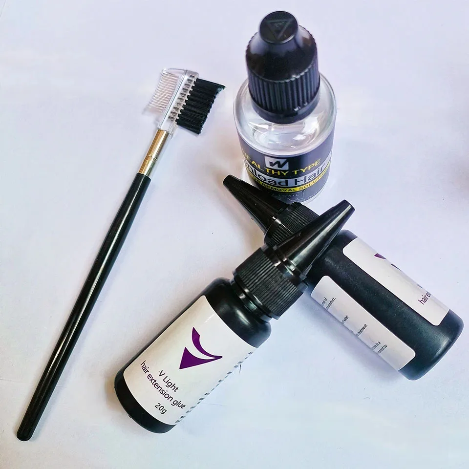 غراء تطويل الشعر بالأشعة فوق البنفسجية مع مزيل 20 جرام مزيل ضوء الأشعة فوق البنفسجية 20 مللي على شكل حرف V غراء تمديد الشعر الخفيف لتطويل الشعر بسرعة