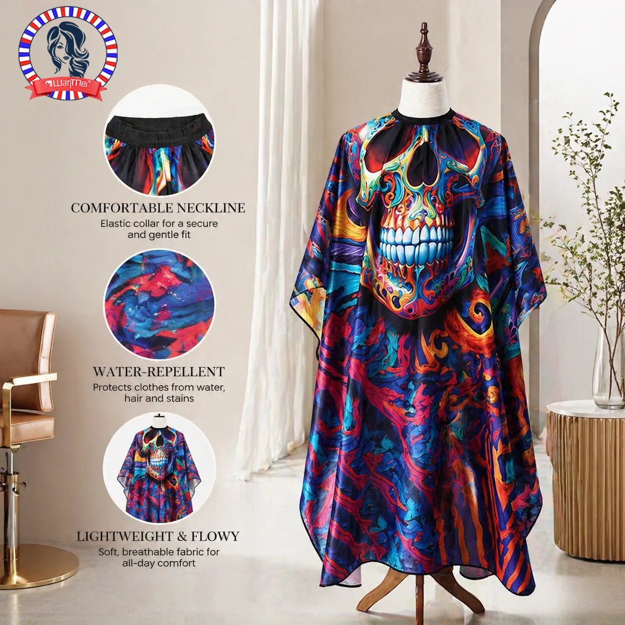 Skull Print Design – Vibrant Mexican Skull Print Salon Barber Cloth Adjustable Snap Closure Haircut Apron for Hair Styling