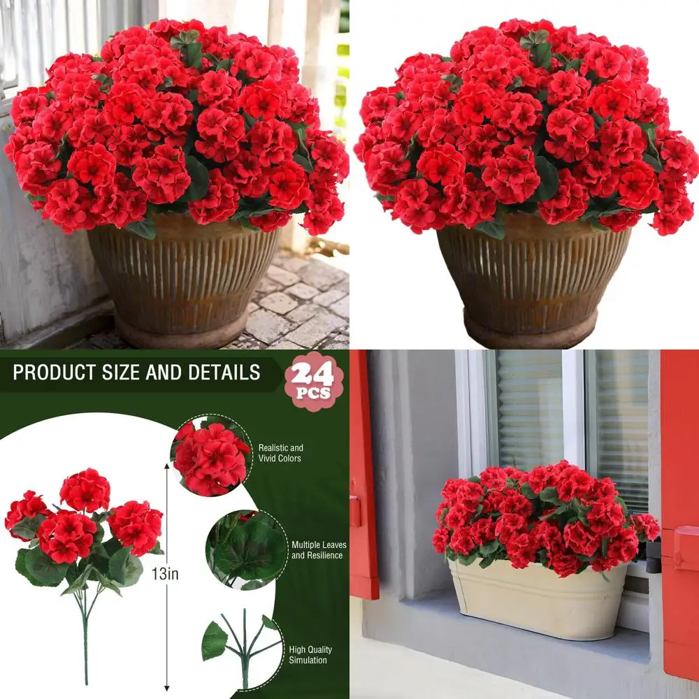 

24-компонентные наружные устойчивые к ультрафиолетовому излучению искусственные красные цветы герани для сада, Рождества и домашнего декора