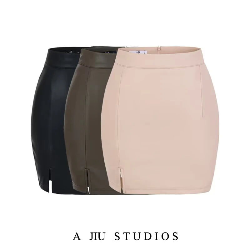 Sexy Spicy Girl High Waist PU Leather  Skirt Women's A-Line ort Skirt f Body Skirt Split Anti-Light Commute Sle
