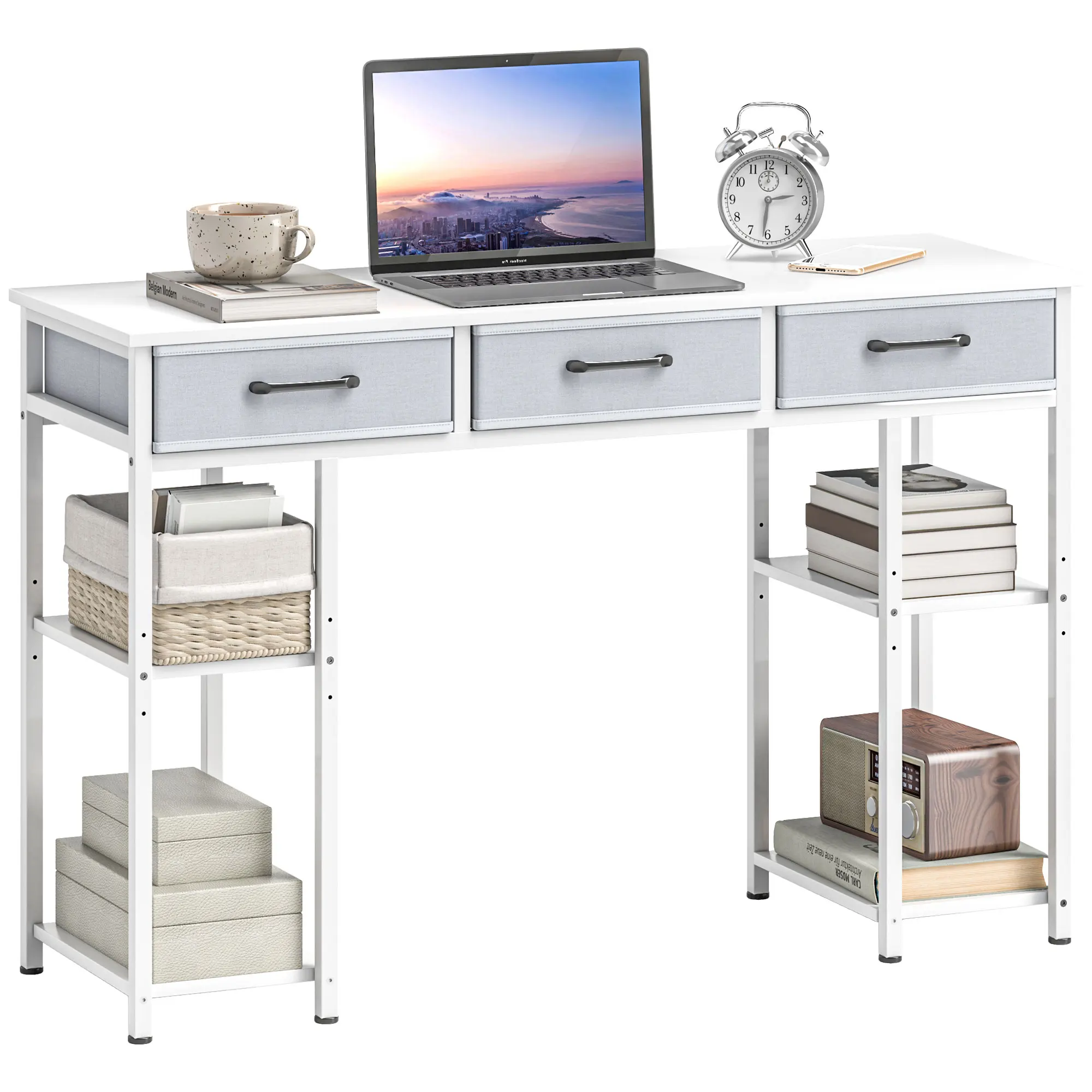 Aliexpress 47" Computer Desk with 3 Fabric Drawers, Home Office Desk with Adjustable Shelves, Small Writing Desk with Storage, White - Aliexpress Deal